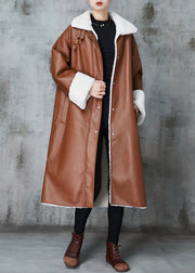 Italian Brown Oversized Warm Leather And Fur Trench Coats Spring