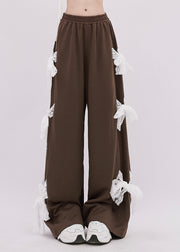 Italian Brown Patchwork Bow Cotton Wide Leg Pants Spring