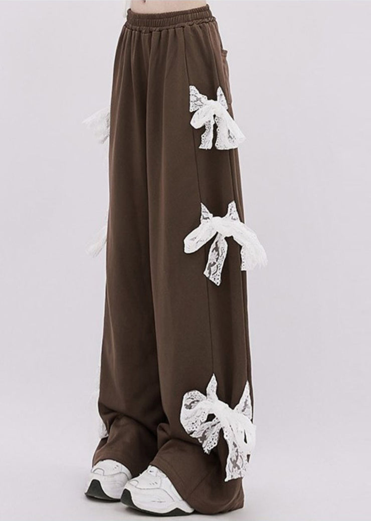 Italian Brown Patchwork Bow Cotton Wide Leg Pants Spring