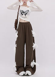 Italian Brown Patchwork Bow Cotton Wide Leg Pants Spring