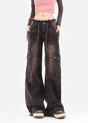 Italian Brown Pockets Patchwork Denim Straight Pants Spring