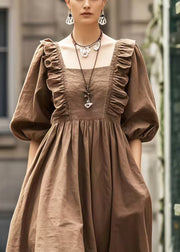 Italian Brown Ruffled Exra Large Hem Holiday Dress Lantern Sleeve