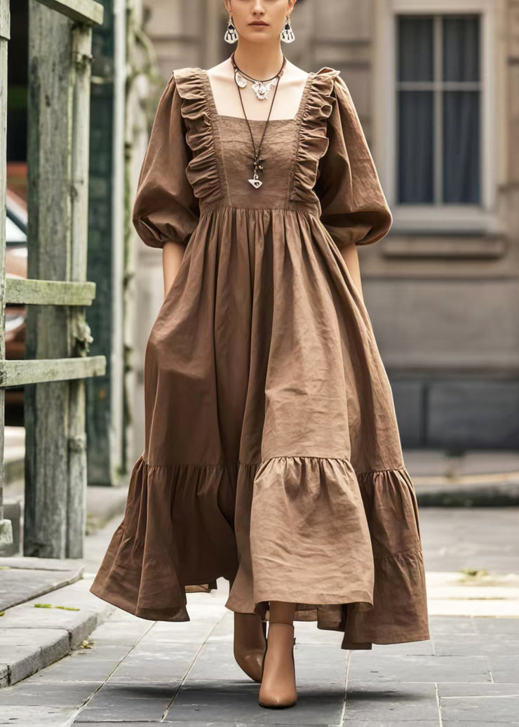 Italian Brown Ruffled Exra Large Hem Holiday Dress Lantern Sleeve