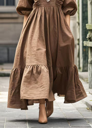 Italian Brown Ruffled Exra Large Hem Holiday Dress Lantern Sleeve