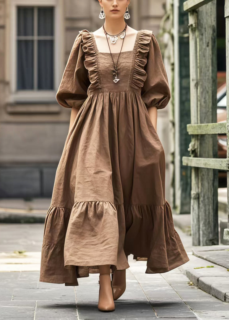 Italian Brown Ruffled Exra Large Hem Holiday Dress Lantern Sleeve