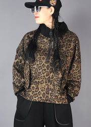 Italian Brown Zip Up Leopard Print Cotton Sweatshirts Spring