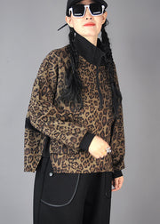 Italian Brown Zip Up Leopard Print Cotton Sweatshirts Spring