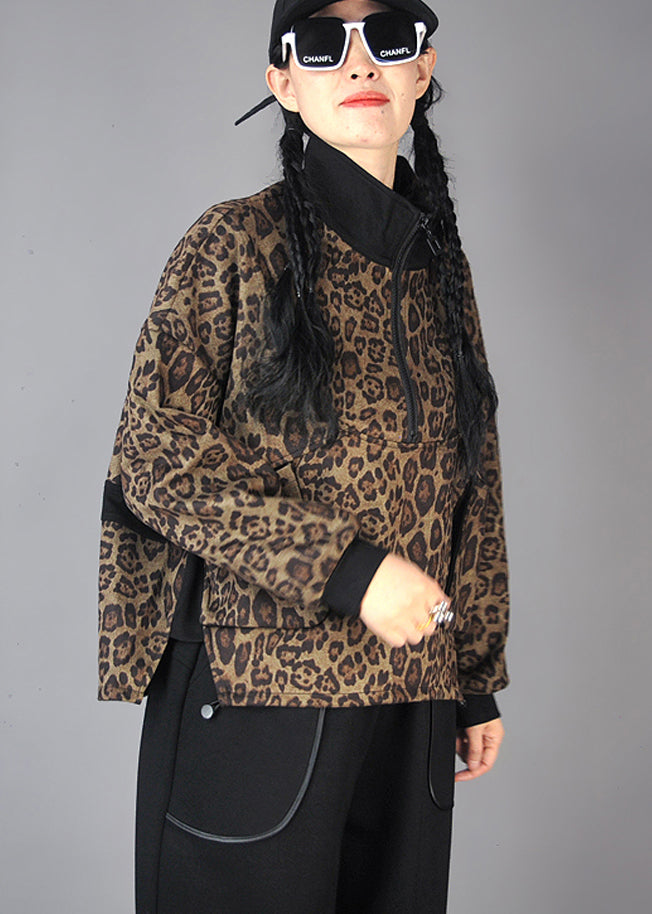 Italian Brown Zip Up Leopard Print Cotton Sweatshirts Spring