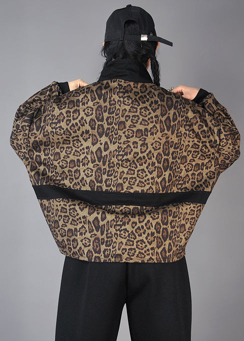 Italian Brown Zip Up Leopard Print Cotton Sweatshirts Spring