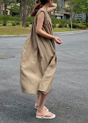 Italian Camel O Neck Wrinkled Patchwork Linen Maternity Dress Sleeveless