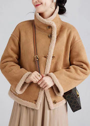 Italian Camel Stand Collar Button Patchwork Wool Coats Winter