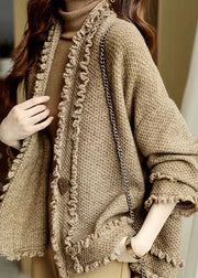 Italian Camel V Neck Ruffled Patchwork Knit Cardigans Spring