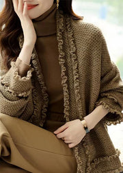 Italian Camel V Neck Ruffled Patchwork Knit Cardigans Spring