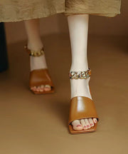 Italian Caramel Chunky Heel Chain Linked Splicing Sandals Peep Toe