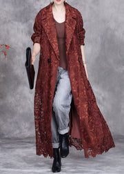 Italian Caramel Hollow Out Tie Waist Lace Long Trench Coat Fall