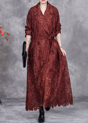 Italian Caramel Hollow Out Tie Waist Lace Long Trench Coat Fall