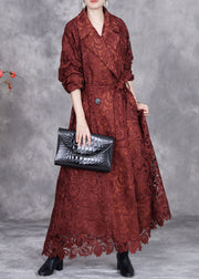 Italian Caramel Hollow Out Tie Waist Lace Long Trench Coat Fall