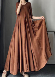 Italian Caramel O Neck Wrinkled Patchwork Cotton Long Dress Fall