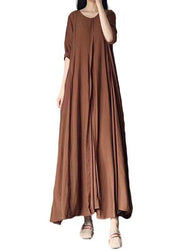 Italian Caramel O Neck Wrinkled Patchwork Cotton Long Dress Fall