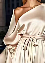 Italian Champagne Asymmetrical Patchwork Silk Long Dress Long Sleeve