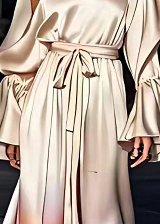 Italian Champagne Asymmetrical Patchwork Silk Long Dress Long Sleeve