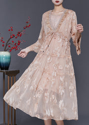 Italian Champagne Embroidered Silk Vacation Dresses Summer