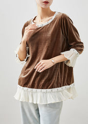 Italian Chocolate Nail Bead Patchwork Ruffles Silk Velour Shirts Flare Sleeve