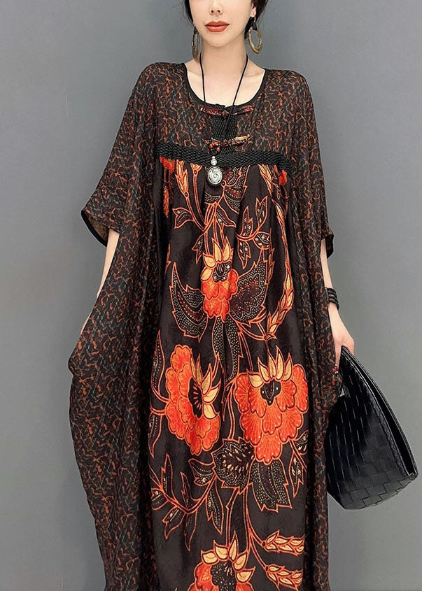 Italian Chocolate Oversized Patchwork Print Silk Maxi Dresses Summer