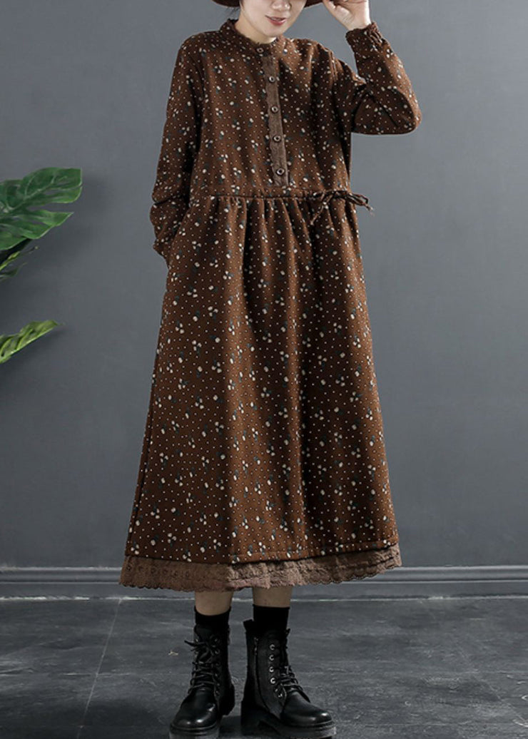 Italian Coffee Button Pockets Fleece Dress Winter