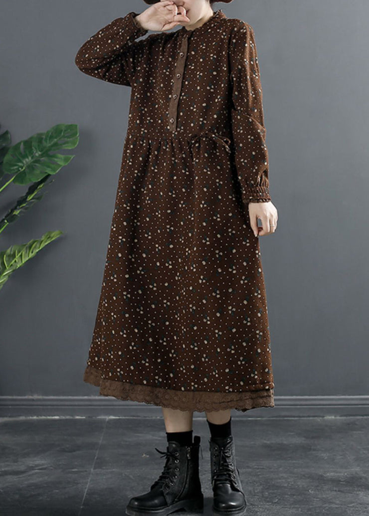 Italian Coffee Button Pockets Fleece Dress Winter