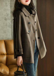 Italian Coffee Double Breast Pockets Patchwork Woolen Coat Fall