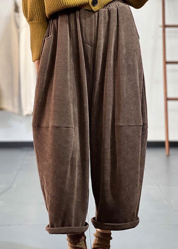 Italian Chocolate Elastic Waist Oversized Pockets Patchwork Corduroy Harem Pants Trousers Winter