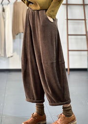 Italian Chocolate Elastic Waist Oversized Pockets Patchwork Corduroy Harem Pants Trousers Winter