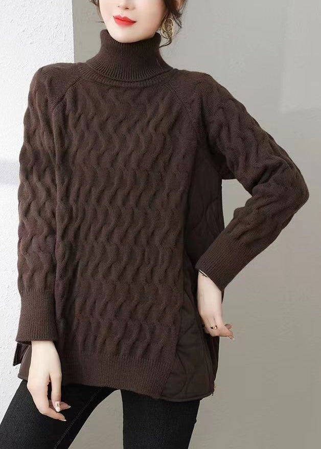 Italian Coffee Hign Neck Zippered Patchwork Knit Sweater Winter