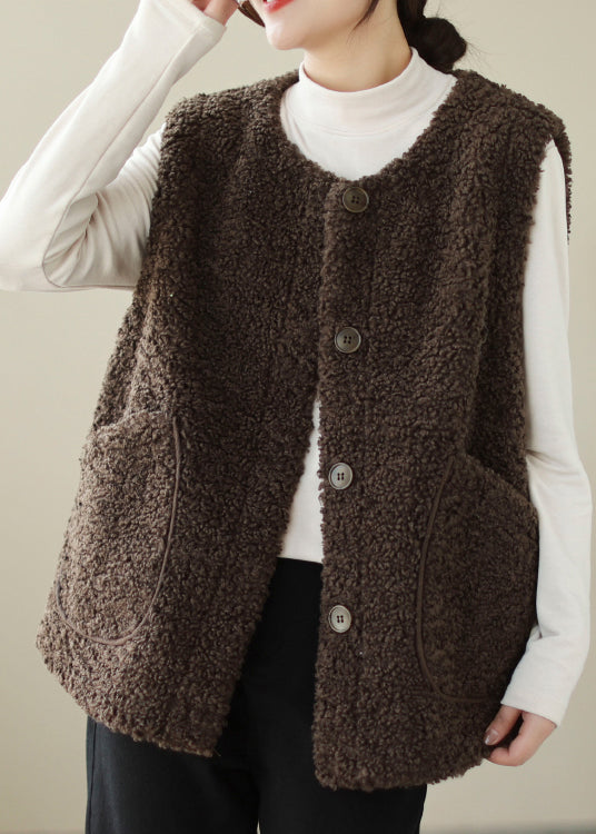 Italian Coffee O Neck Pockets Button Faux Fur Vest Sleeveless