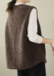 Italian Coffee O Neck Pockets Button Faux Fur Vest Sleeveless