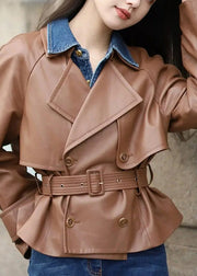 Italian Coffee Peter Pan Collar Tie Waist Faux Leather Coats Fall