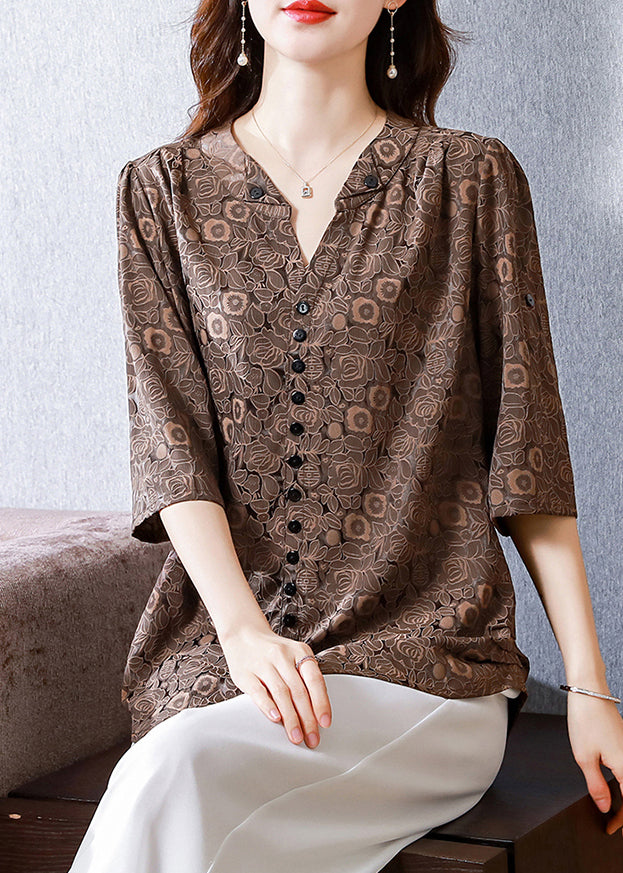 Italian Coffee V Neck Print Button Silk Shirt Half Sleeve