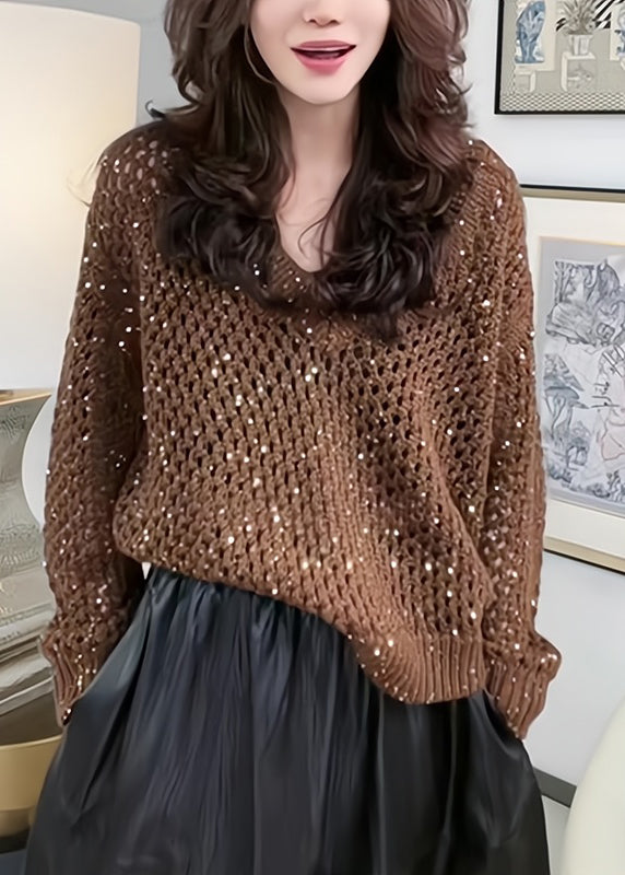 Italian Coffee V Neck Sequins Hollow Out Knit Sweater Tops Spring