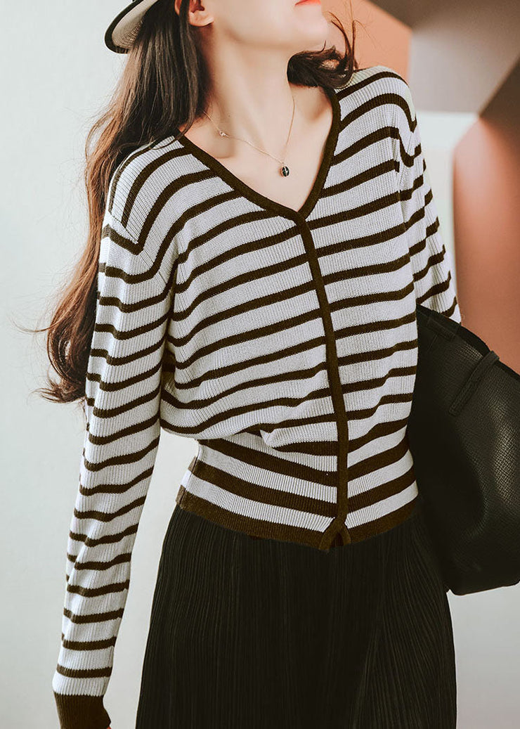 Italian Chocolate V Neck Striped Wool Knitted Tops Fall