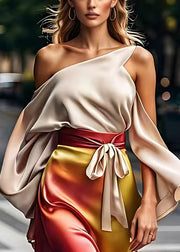 Italian Cold Shoulder Tie Waist Silk Long Dresses Summer