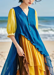 Italian Colorblock Asymmetrical Chiffon Patchwork Cotton Dresses Spring