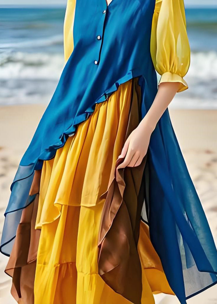 Italian Colorblock Asymmetrical Chiffon Patchwork Cotton Dresses Spring