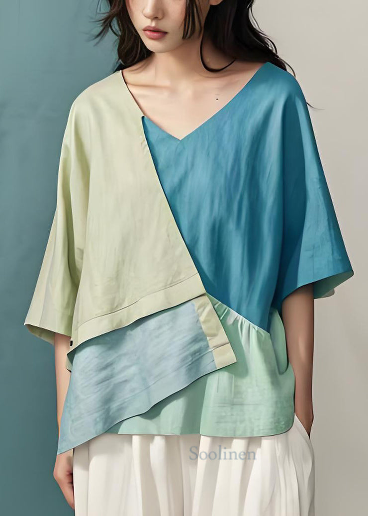 Italian Colorblock Asymmetrical Patchwork Cotton Blouses Top Summer