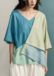 Italian Colorblock Asymmetrical Patchwork Cotton Blouses Top Summer