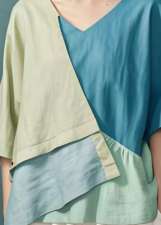 Italian Colorblock Asymmetrical Patchwork Cotton Blouses Top Summer