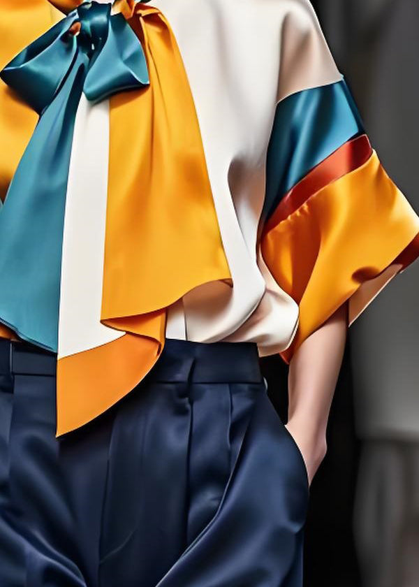 Italian Colorblock Bow Patchwork Silk Blouse Top Summer