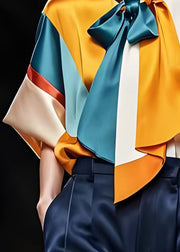Italian Colorblock Bow Patchwork Silk Blouse Top Summer