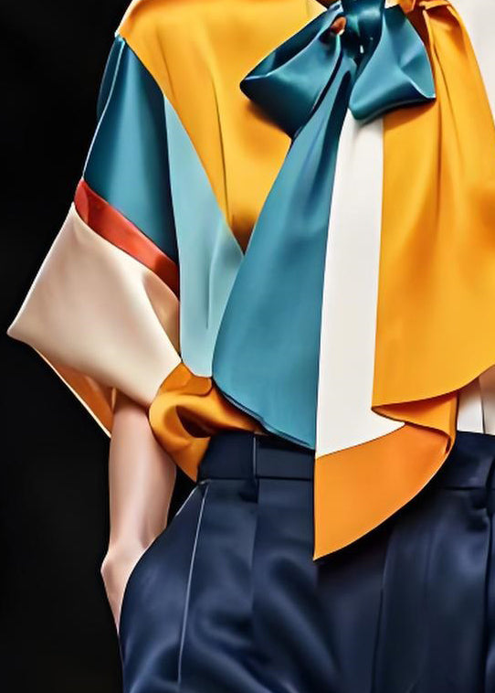 Italian Colorblock Bow Patchwork Silk Blouse Top Summer