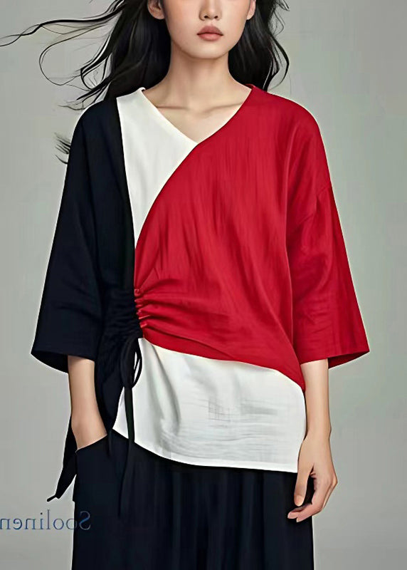 Italian Colorblock Cinched Patchwork Linen Shirt Tops Summer